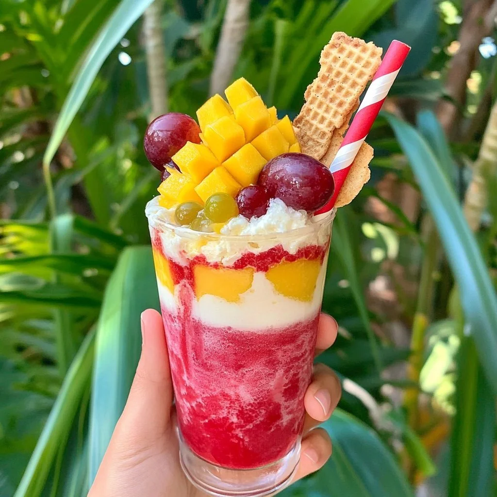 Buntes Cholado aus Kolumbien mit frischen Früchten und Sirup.