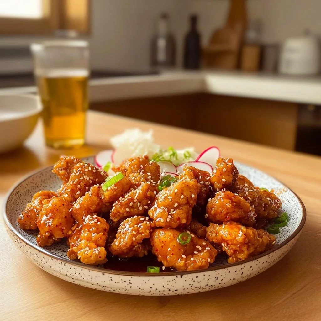 Ultra knuspriges koreanisches Frittier-Hühnchen auf einem Teller serviert.
