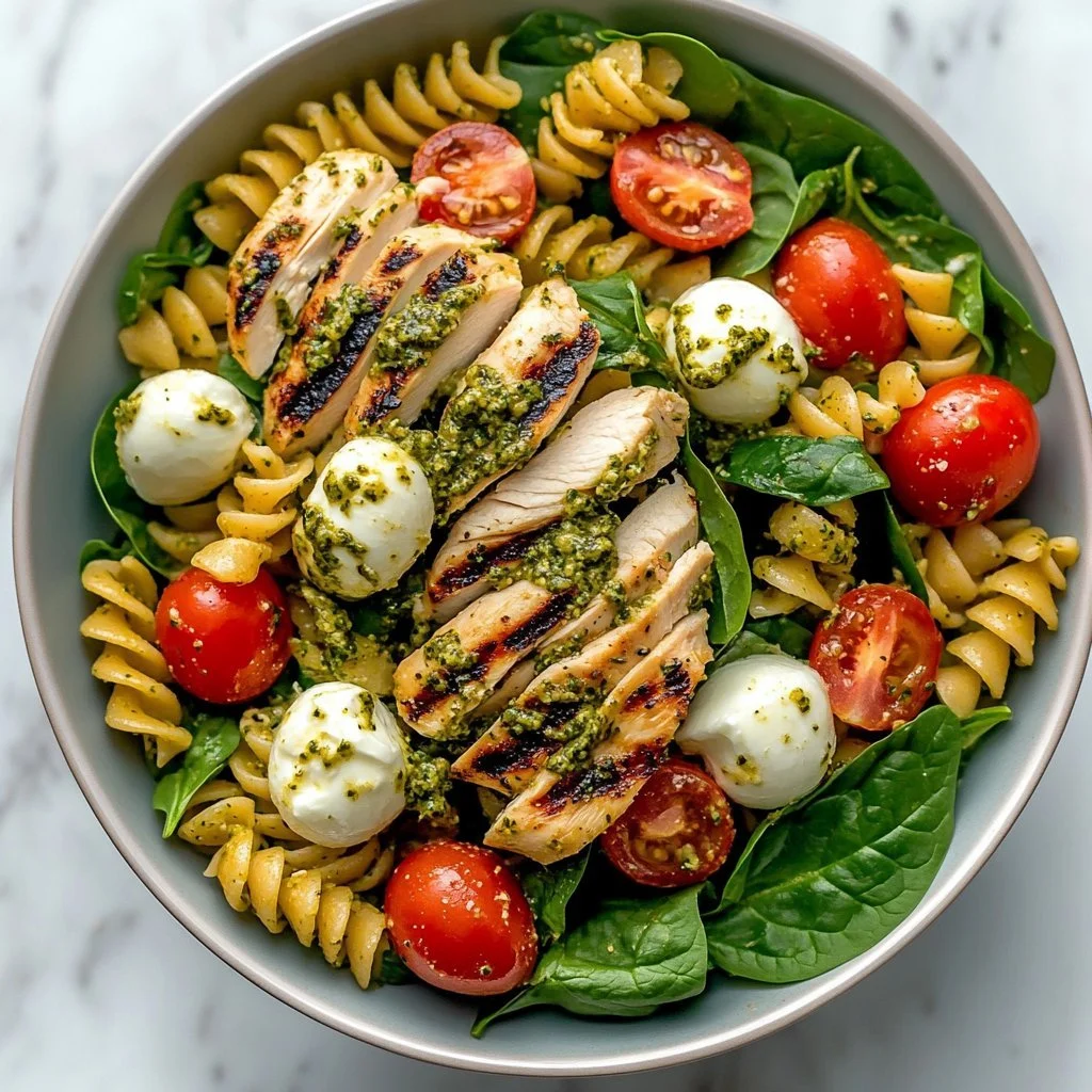 Nudelsalat mit Huhn und Pesto auf einem Teller angerichtet