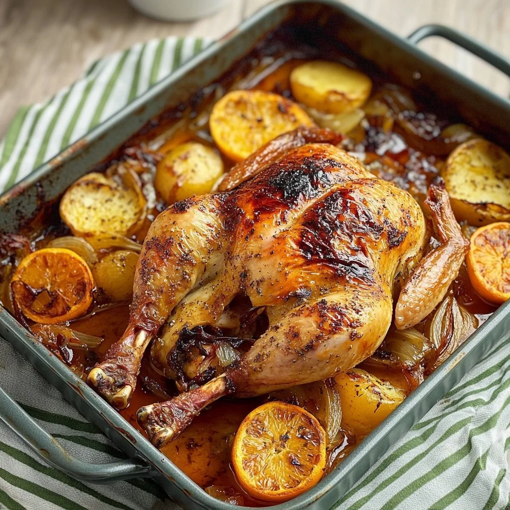 Leckeres Ofen-Hähnchen mit knusprigen Kartoffeln im Backofen zubereitet