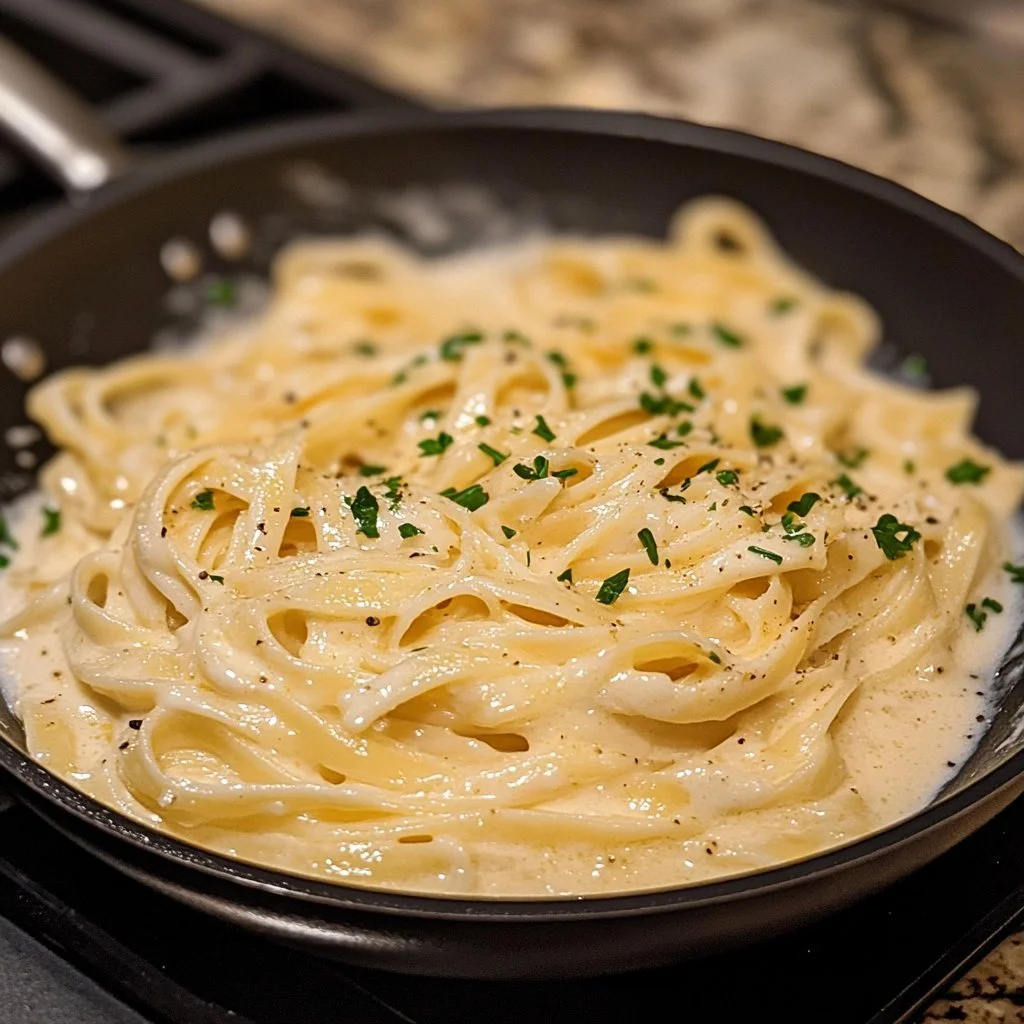 Cremige Pasta Alfredo mit frischem Parmesan und Petersilie