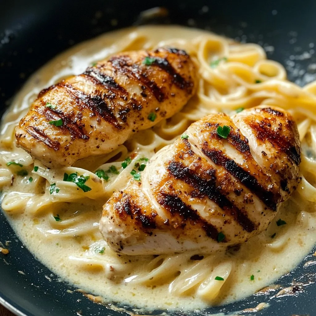 Pasta Alfredo mit gegrilltem Hähnchen auf einem schönen Teller