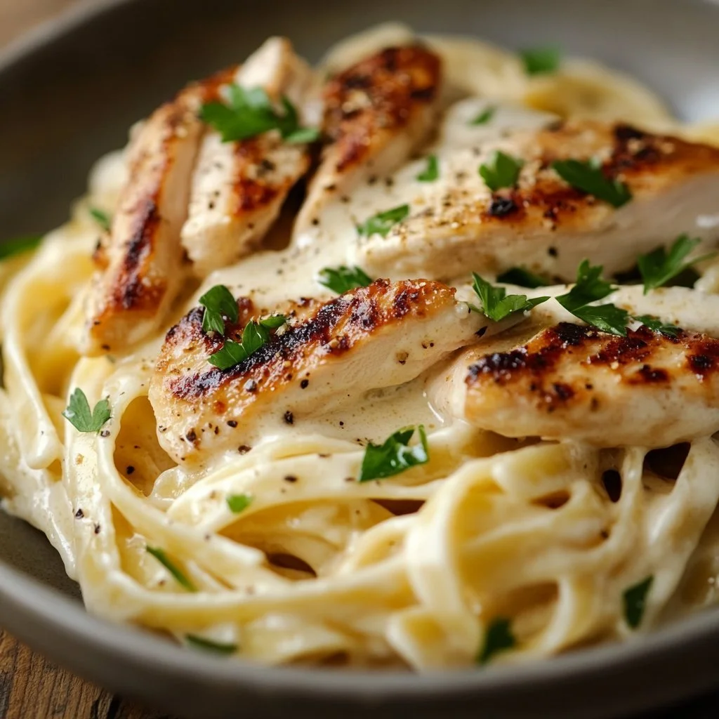 Pasta Alfredo mit Hähnchen, serviert mit frischem Parmesan und Petersilie