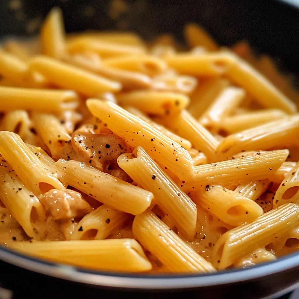 Pasta Alfredo mit Hühnchen und cremiger Sauce serviert