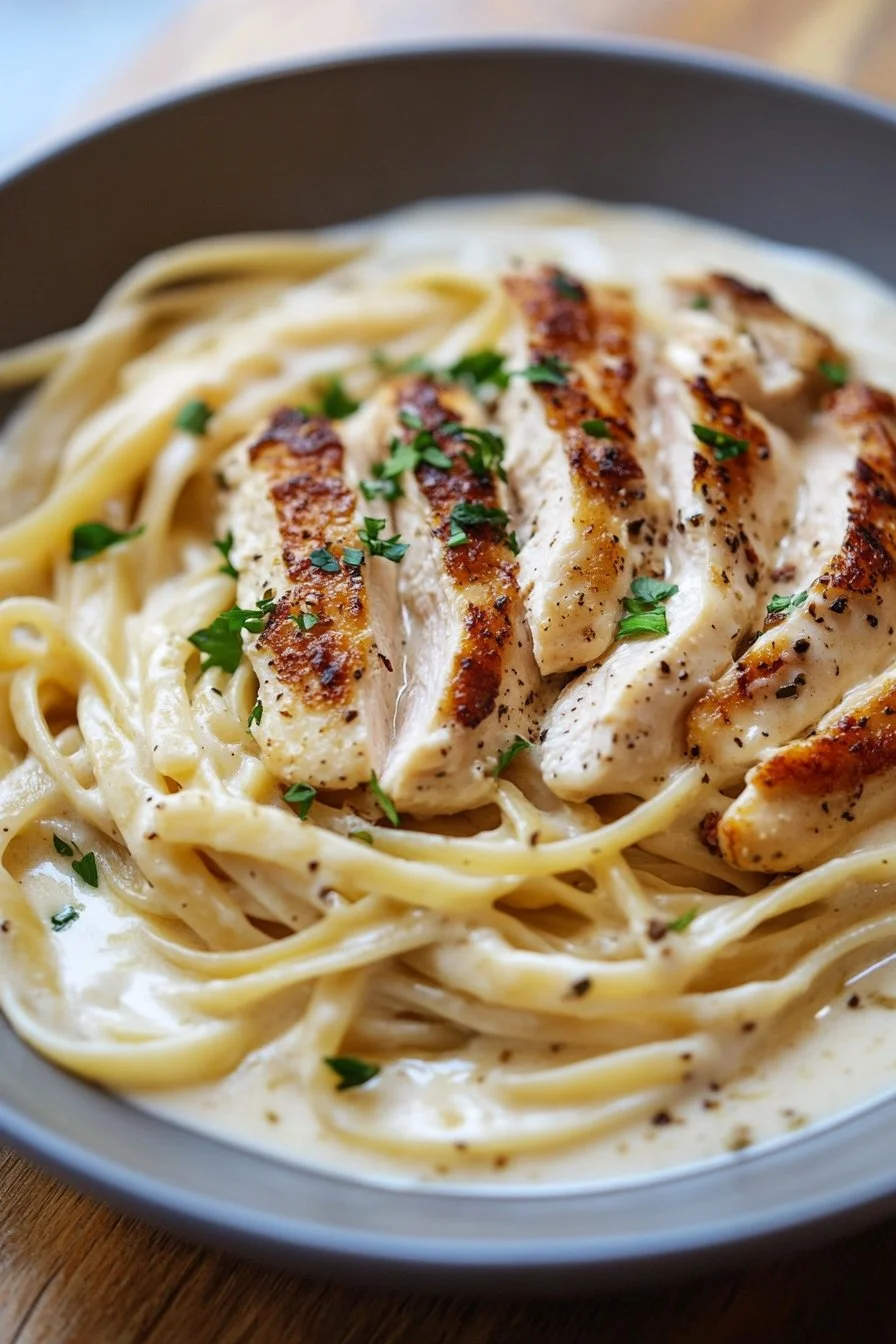 Pasta mit Alfredo-Sauce und Hühnchen