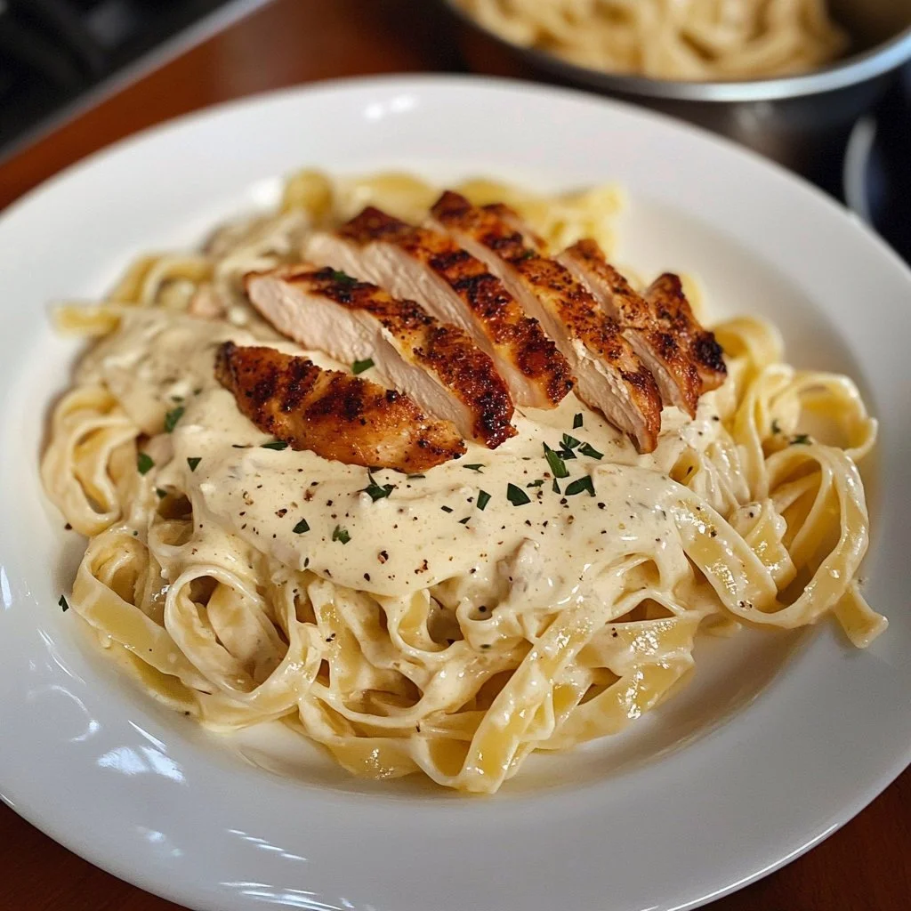 Pasta mit cremiger Weißsauce auf einem Teller serviert