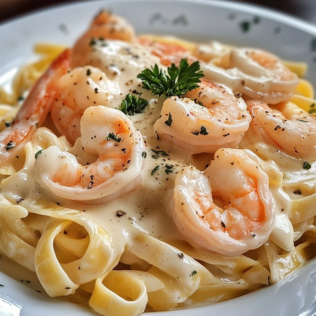 Pasta mit Garnelen in cremiger Alfredo-Sauce auf einem Teller