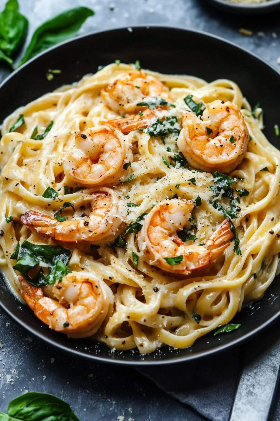 Pasta mit Garnelen und Alfredo-Sauce