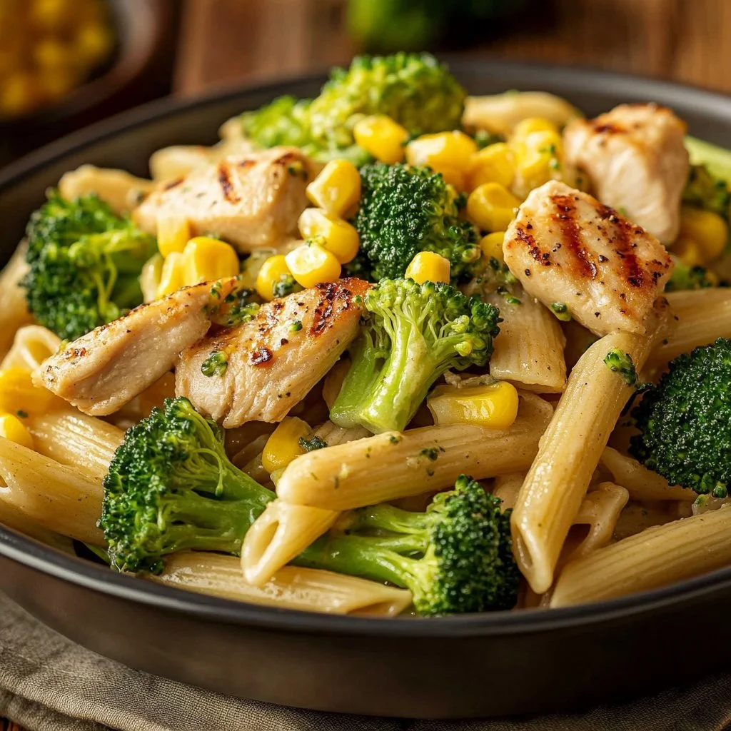 Pasta mit Hähnchen, Brokkoli und Zuckermais auf einem Teller serviert