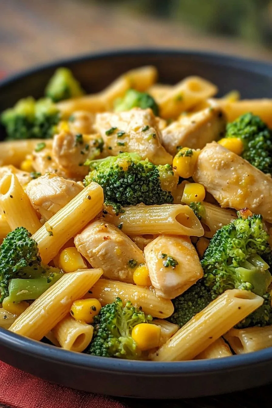Pasta mit Hähnchen, Brokkoli und Zuckermais