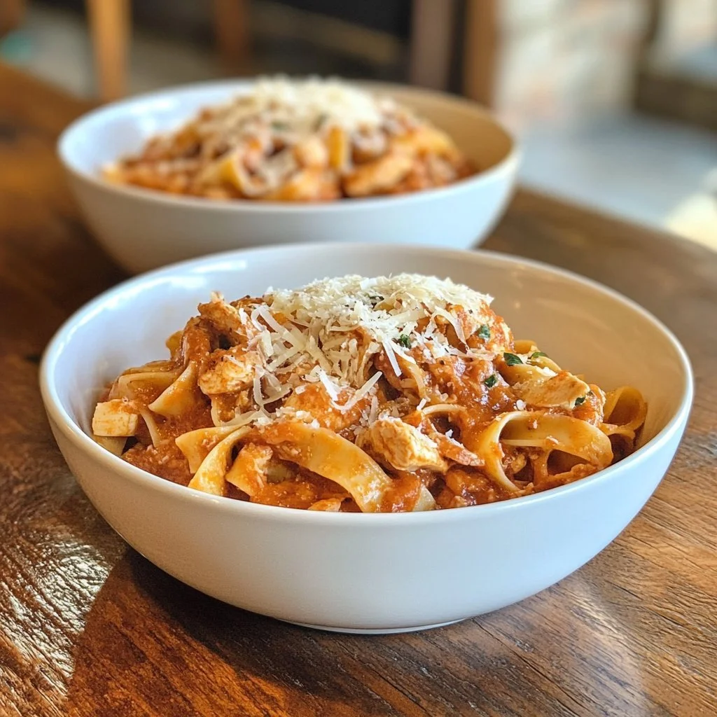 Pasta mit Hähnchen in Tomatensauce auf einem Teller serviert
