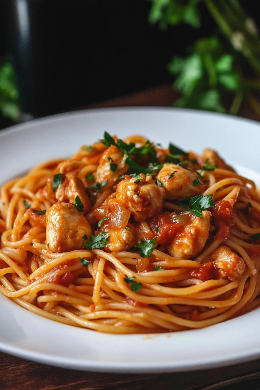 Pasta mit Hähnchen in Tomatensauce