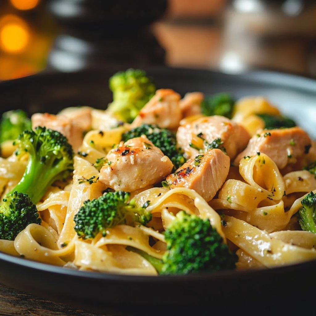 Leckere Pasta mit Hähnchen und Brokkoli auf einem Teller serviert