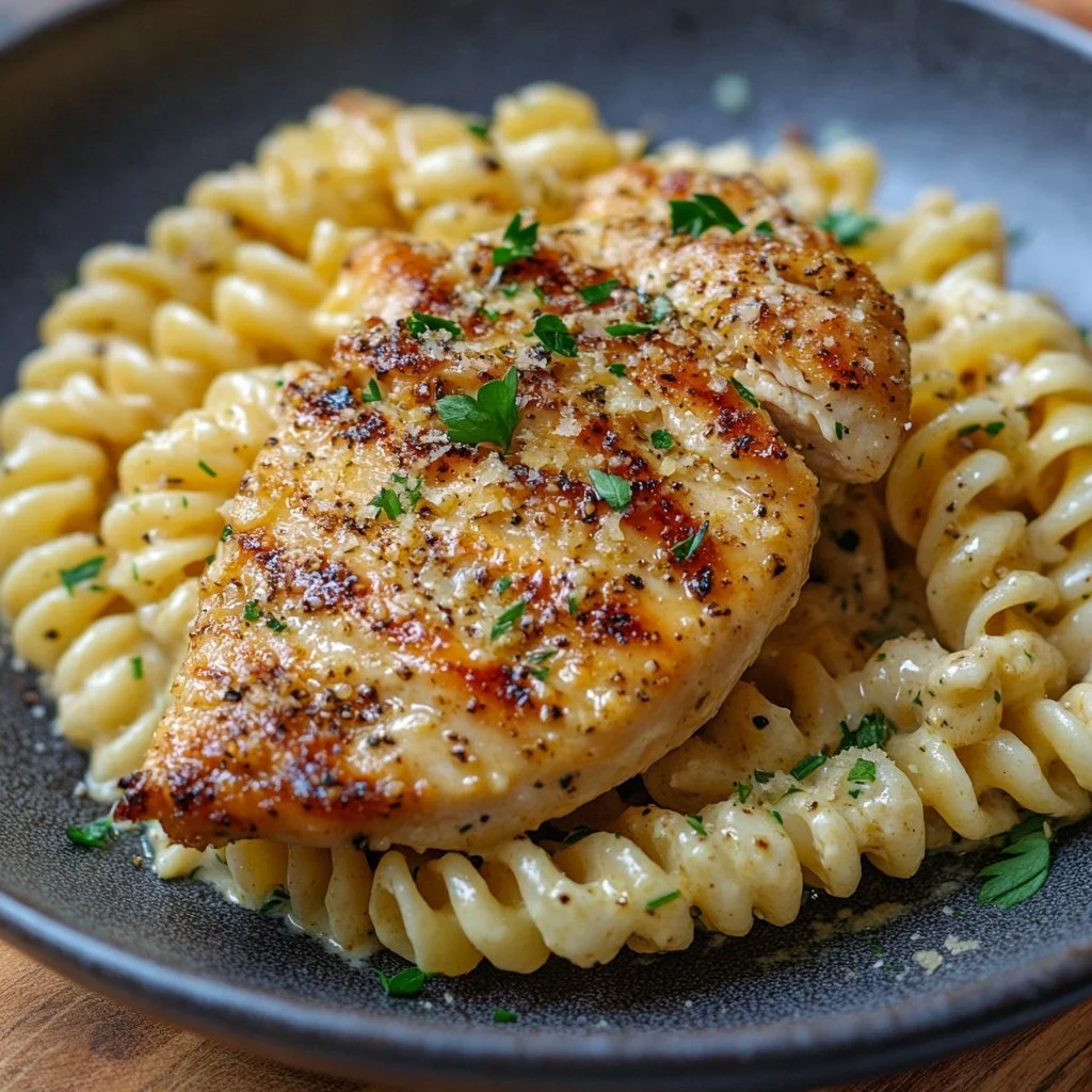 Pasta mit Hähnchen und Knoblauch Parmesancreme auf einem Teller serviert