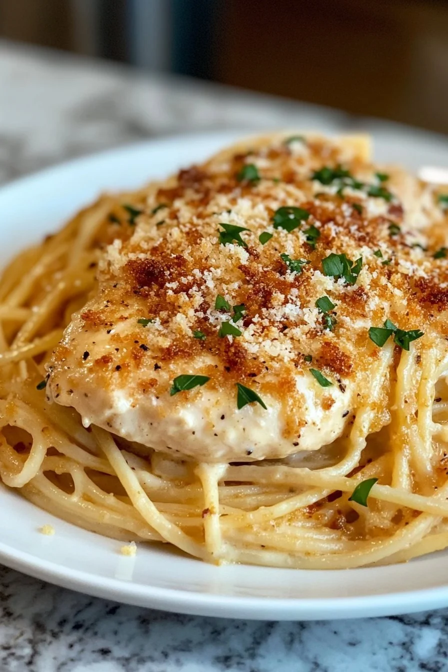 Pasta mit Hähnchen und Knoblauch Parmesancreme