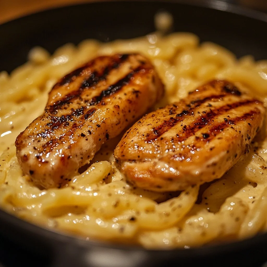 Pasta mit Hähnchen und Parmesan-Knoblauch-Sauce aus einem Topf