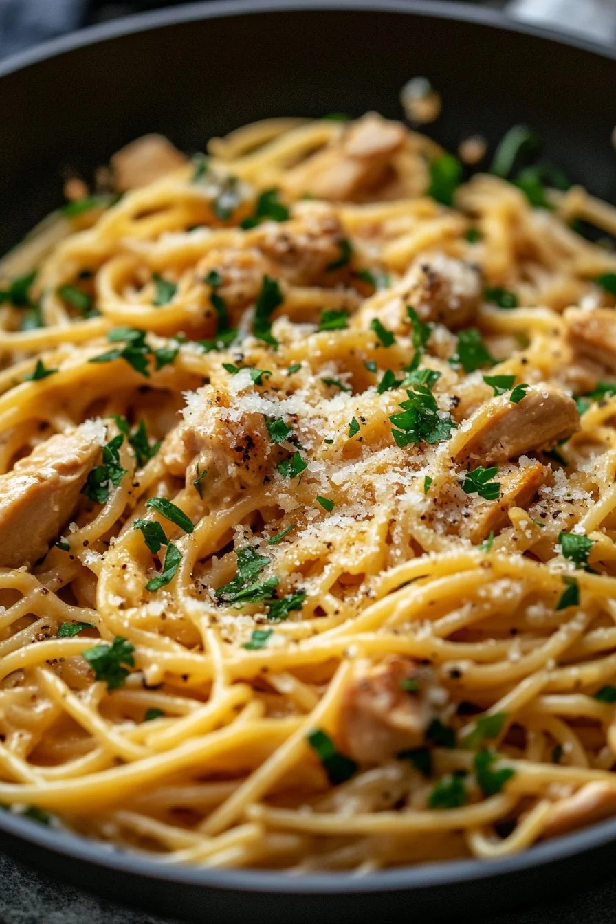 Pasta mit Hähnchen und Parmesan-Knoblauch-Sauce aus einem Topf