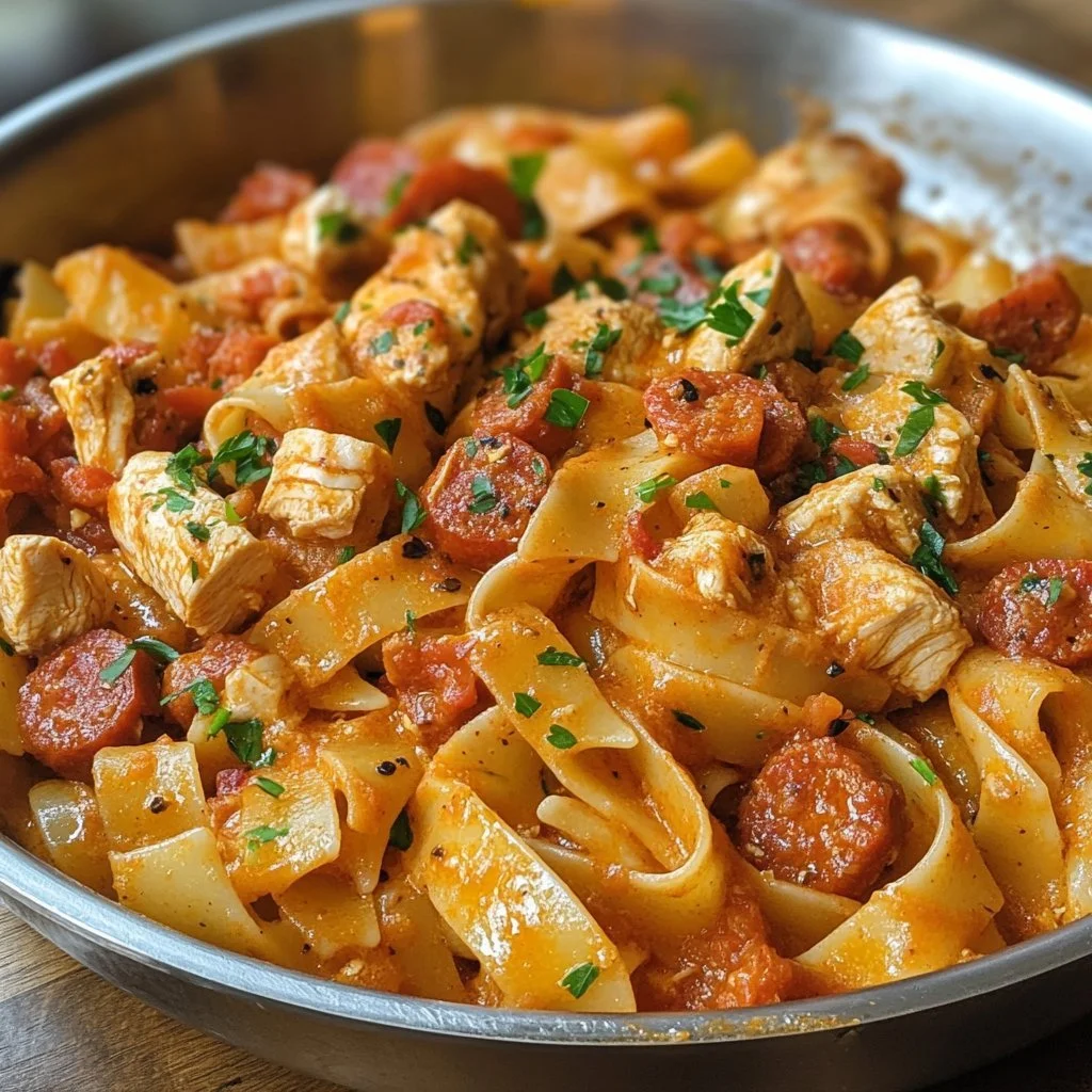 Leckere Pasta mit Hühnchen und Chorizo auf einem Teller serviert