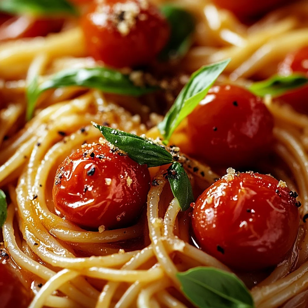 Pasta mit Kirschtomaten und Knoblauch auf einem Teller serviert