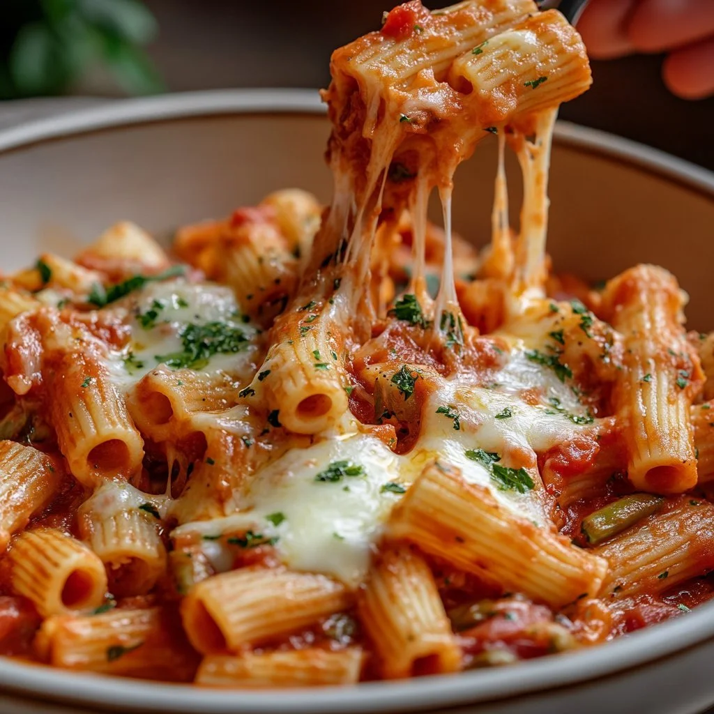 Pasta mit neapolitanischer Sauce, Mozzarella und frischem Basilikum serviert