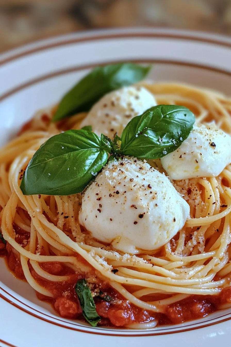 Pasta mit neapolitanischer Sauce, Mozzarella und Basilikum