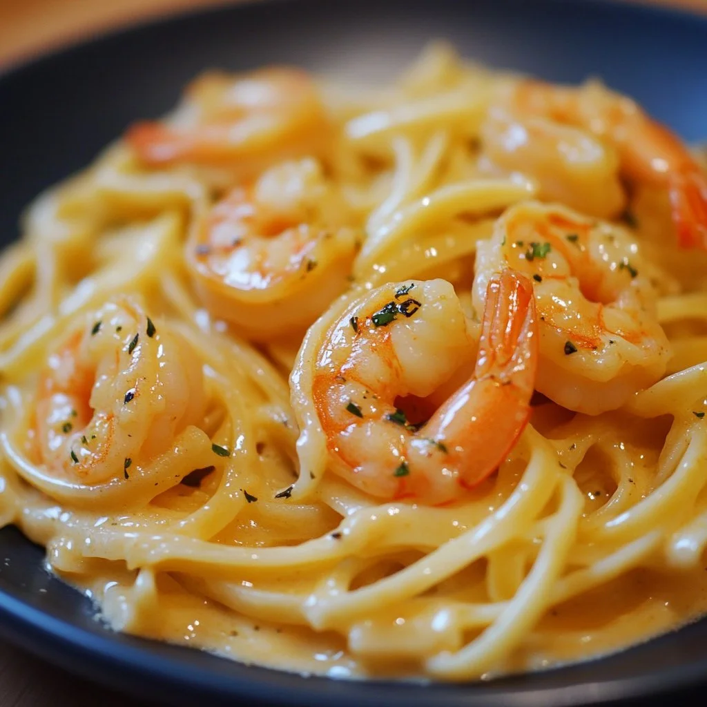 Pasta mit Garnelen und cremiger Sahnesauce auf einem Teller