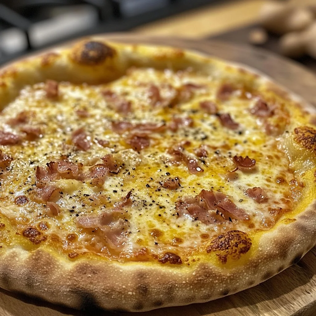 Pizza Carbonara mit Schinken, Pesto und Käse auf einem dünnen Teigboden