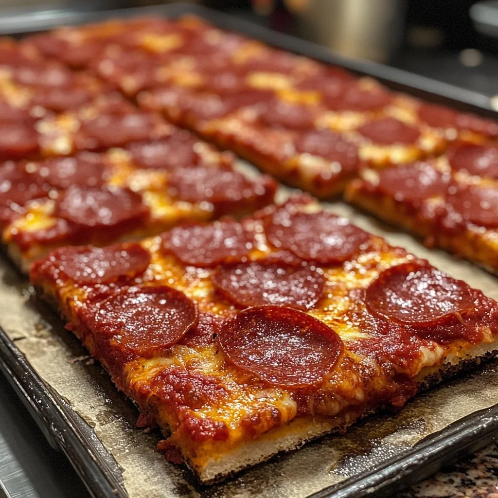 Leckere Detroit-Stil Pizza mit dickem Boden und frischen Zutaten.