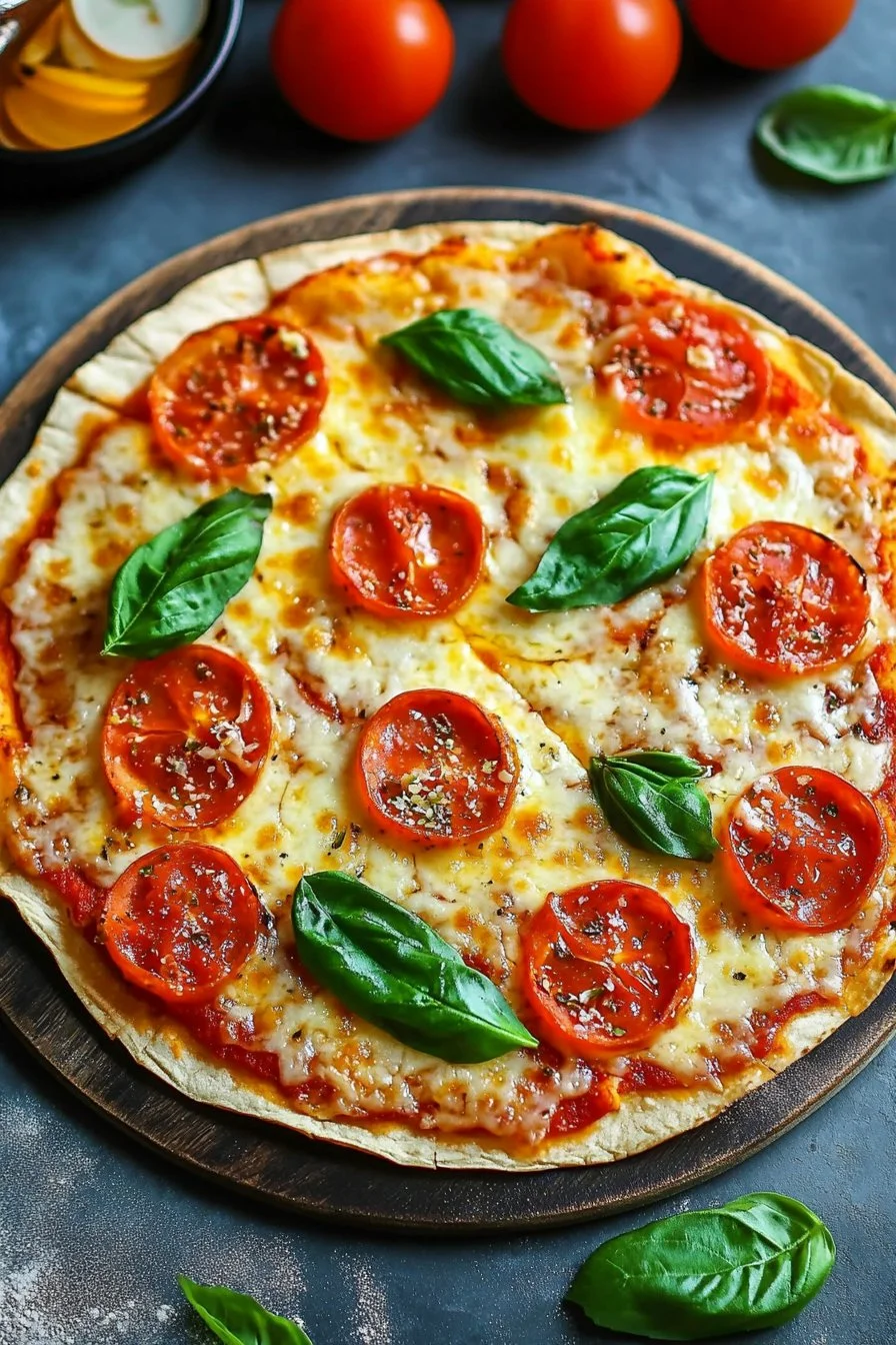 Pizza mit knusprigem Tortilla-Boden, die schnell und lecker ist.