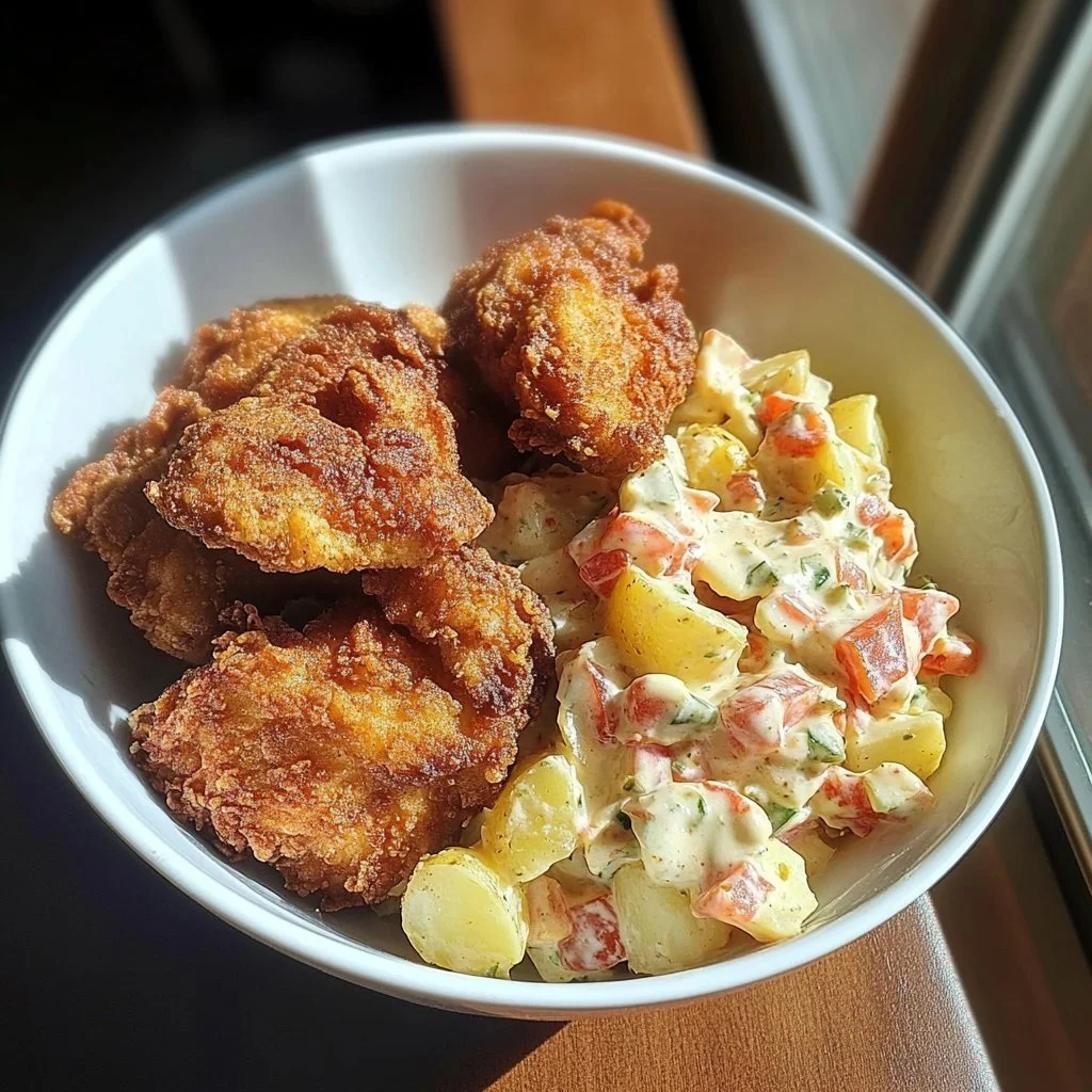 Salat mit frittiertem Hähnchen auf einem Teller serviert