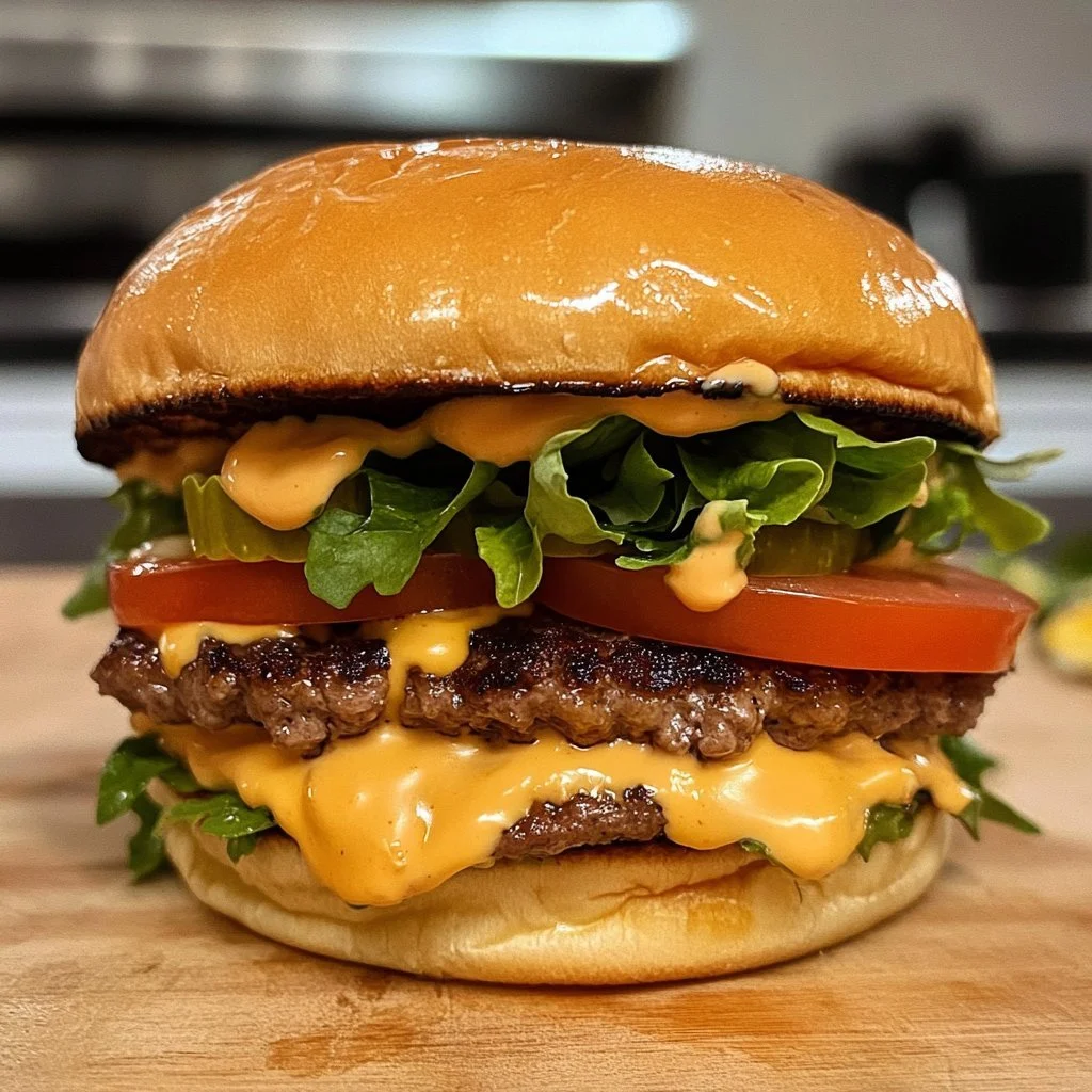 Ein saftiger Smash-Burger auf einem Teller mit frischen Zutaten