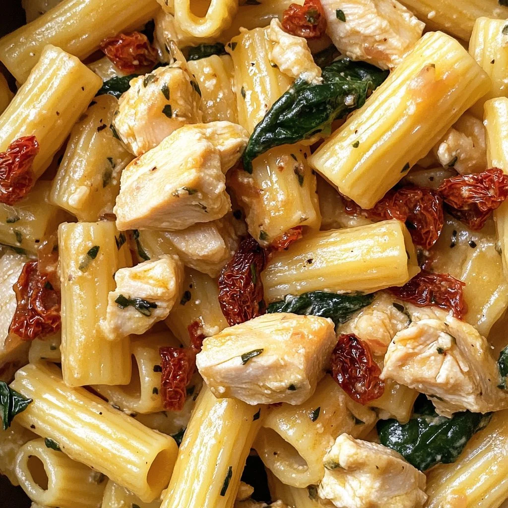 Toskanische Hähnchenpasta mit frischen Zutaten auf einem Teller