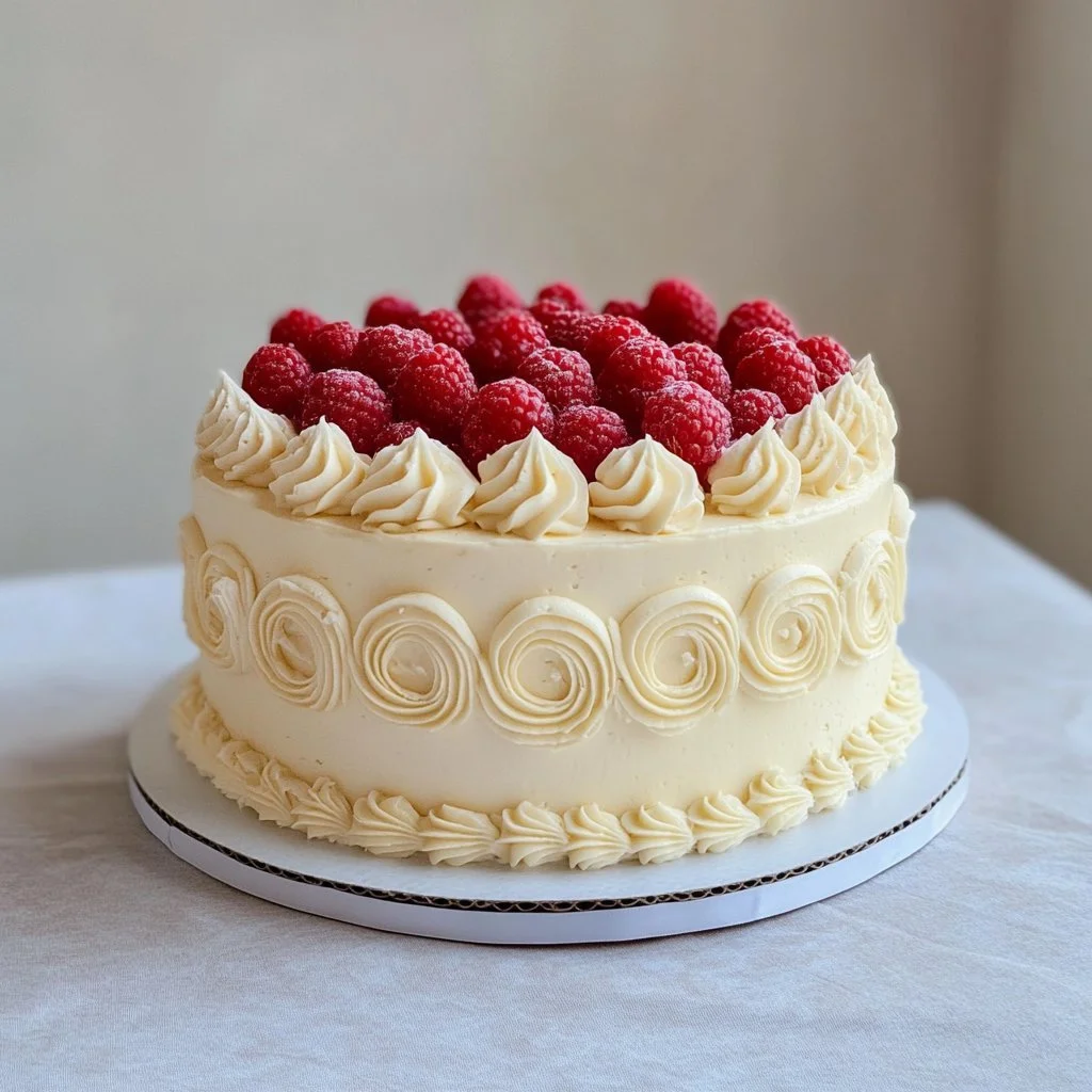 Vintage-Geburtstagstorte mit frischen Himbeeren, dekorativ präsentiert auf einem Tisch