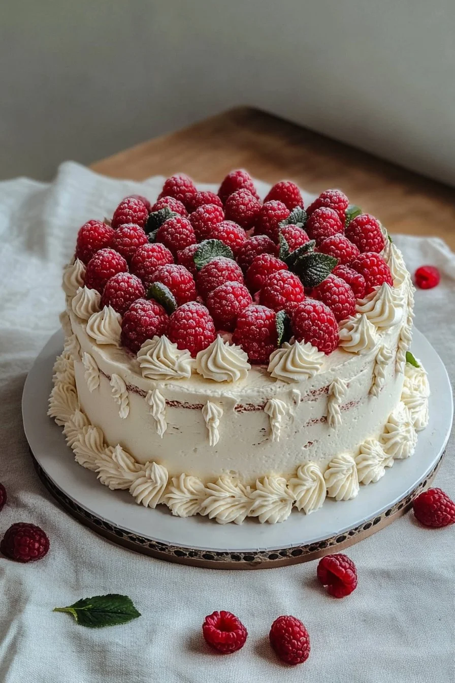 Vintage-Geburtstagstorte mit frischen Himbeeren