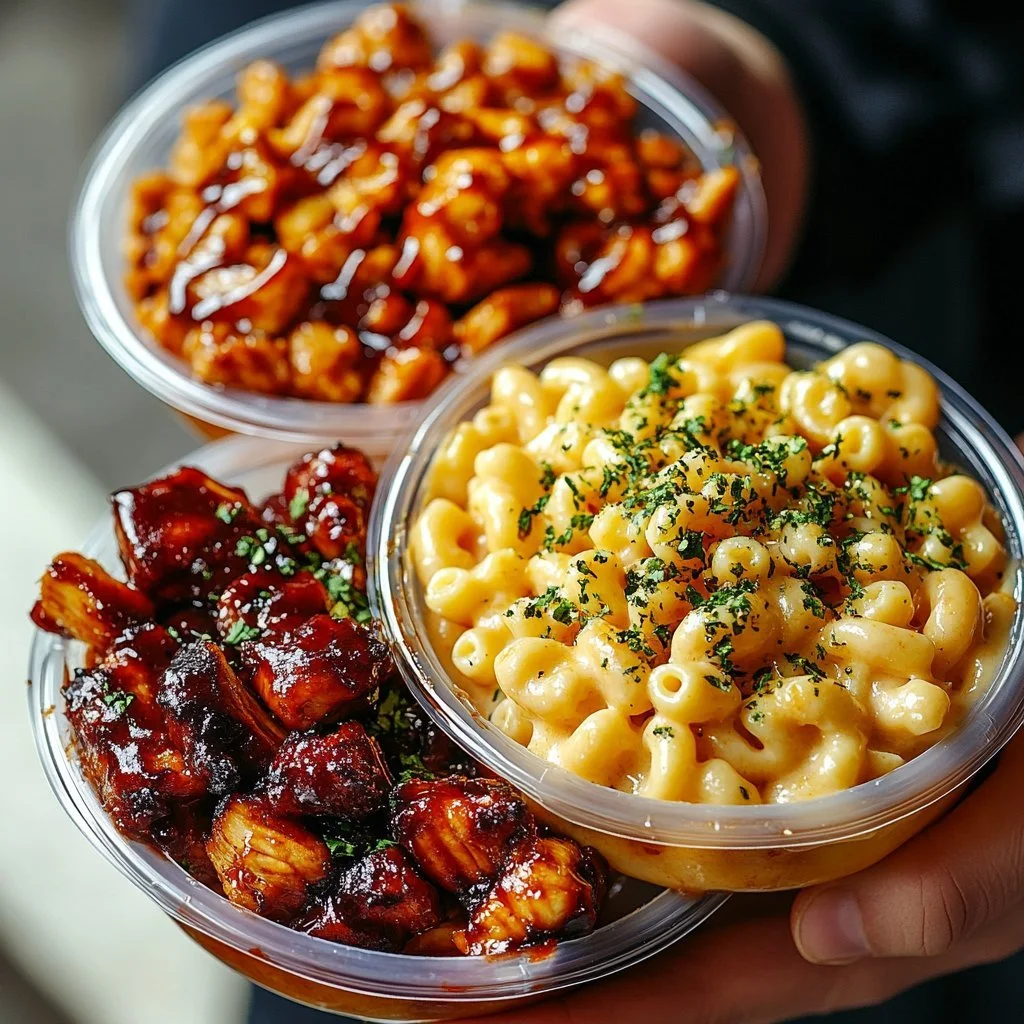 Schüssel mit Macaroni mit Käse und BBQ-Hühnchen zum Mittagessen