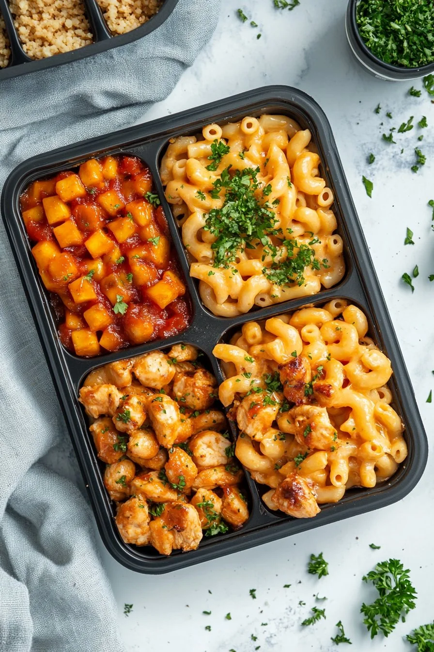 Zubereitetes Mittagessen aus Macaroni mit Käse und BBQ-Hühnchen