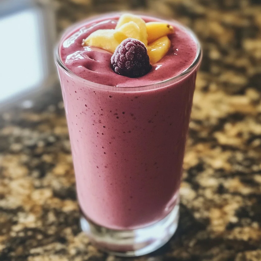 2-Zutaten Frohfrucht Smoothie in einem Glas mit frischen Früchten