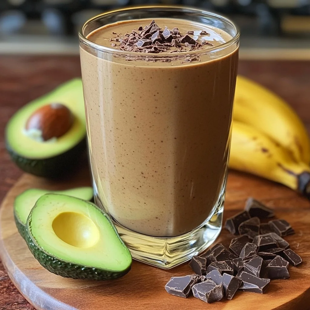 Schokoladen-Avocado-Banane-Smoothie in einem Glas mit Dekoration
