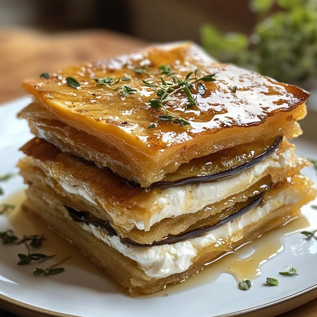 Auberginen-Millefeuille mit Ziegenhonig auf einem Teller angerichtet.