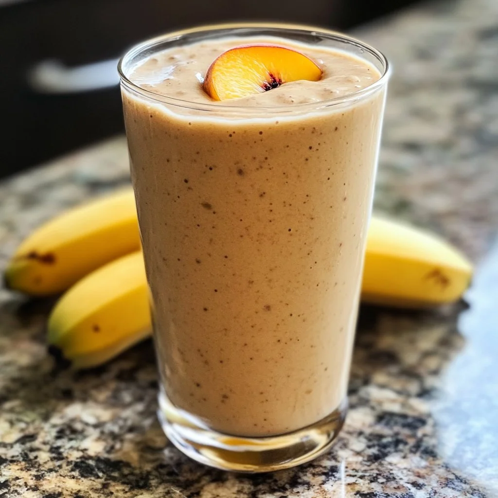 Bananen-Pfirsich-Protein-Smoothie in einem Glas mit frischen Früchten