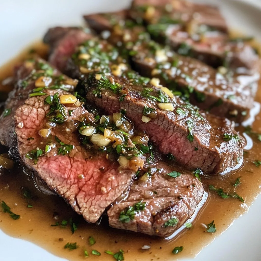 Bavette Steak mit gerösteter Knoblauch-Sauce auf einem Teller angerichtet