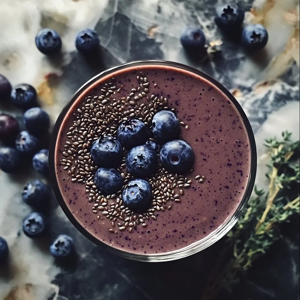 Gesunder Blaubeer-Kakao-Smoothie mit Leinsamen in einem Glas