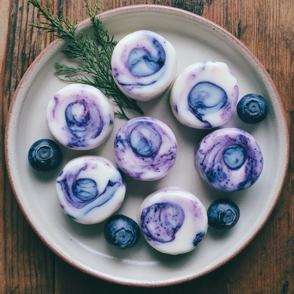 Blaubeer-Wirbel-Joghurtbissen in einer schönen Schale