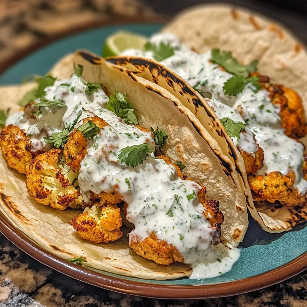 Bloemkool taco's met koriander-limoen room op een bord