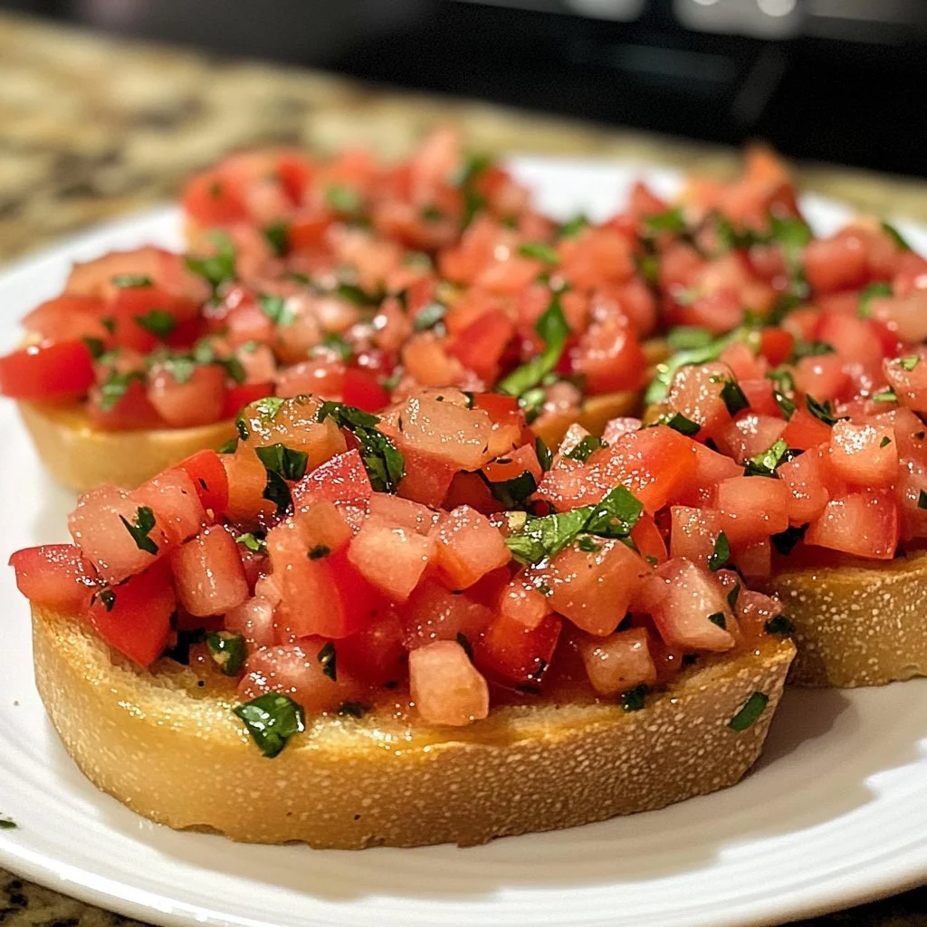 Ein Teller mit aromatischer Bruschetta, belegt mit Tomaten und Basilikum.