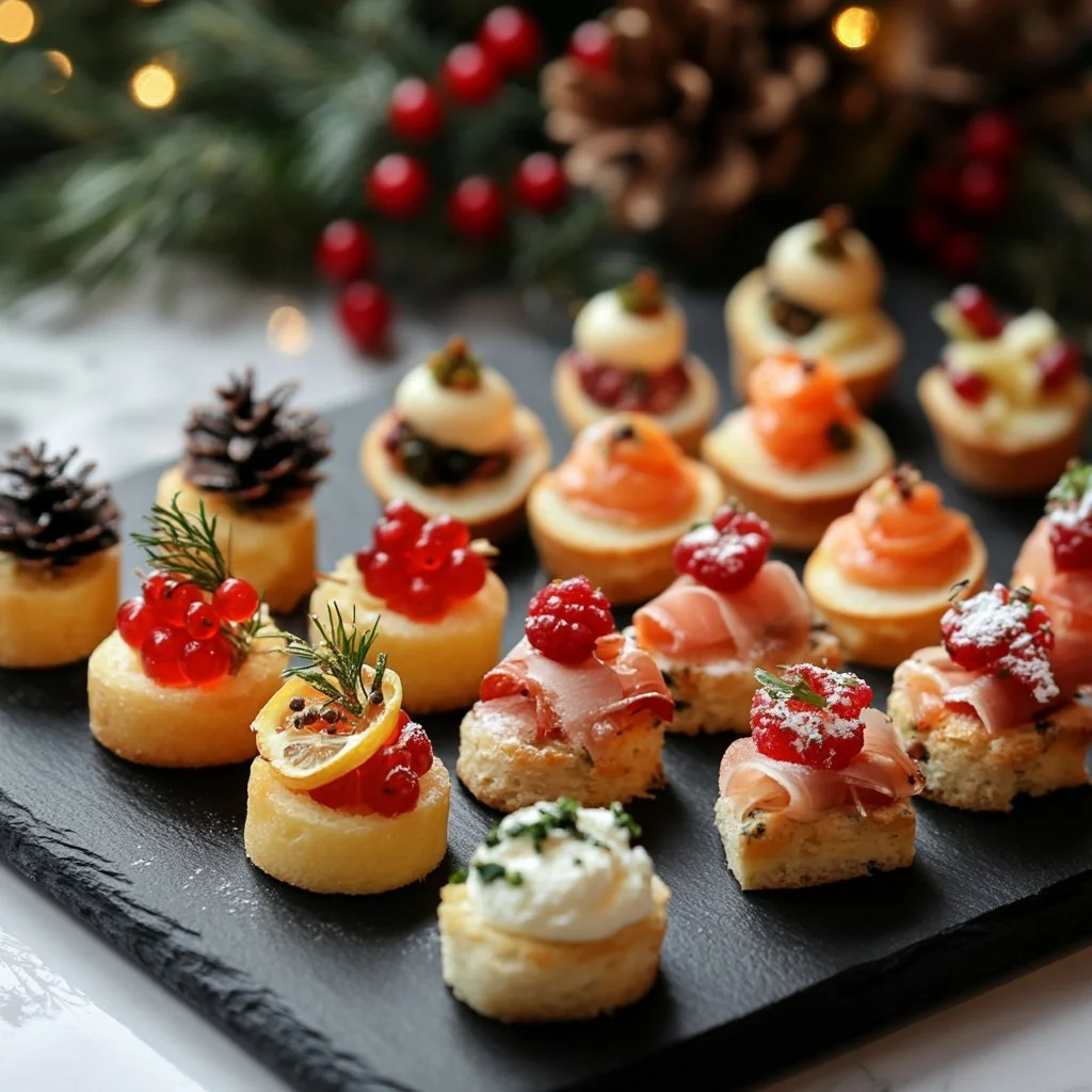 Festliche Canapés für Weihnachten auf einem eleganten Buffet präsentiert.