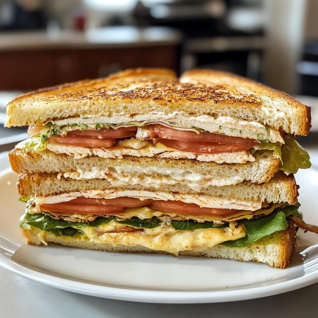 Ein schmackhaftes Club-Sandwich mit Hähnchen, Speck und frischem Gemüse.