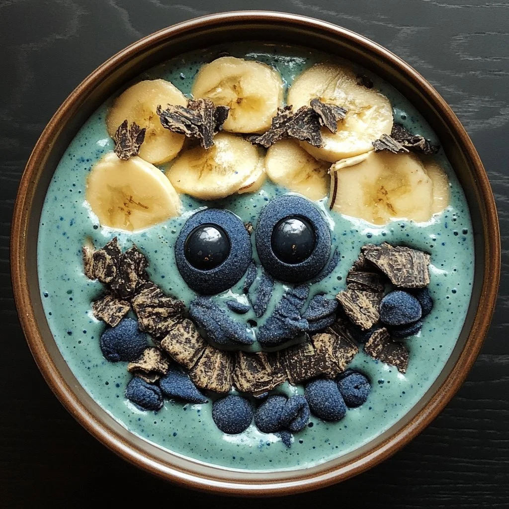 Cookie Monster Blaue Spirulina Smoothie-Schüssel mit frischen Zutaten