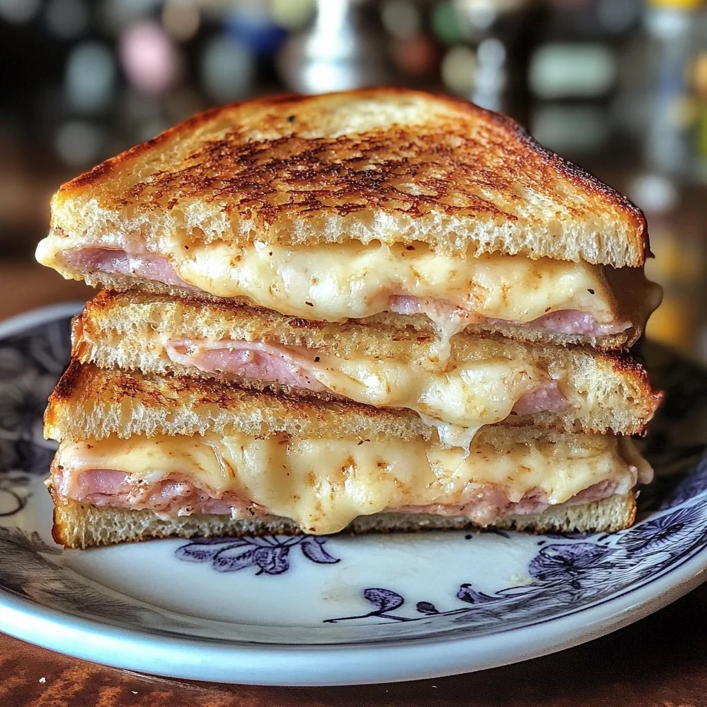 Ein klassischer Croque Monsieur – französisches Schinken-Käse-Sandwich auf einem Teller.