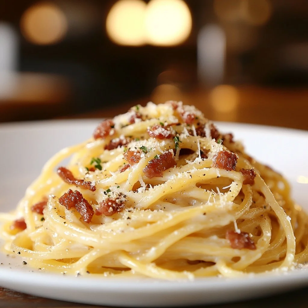 Cremige Spaghetti Carbonara mit Speck und Parmesan auf einem Teller